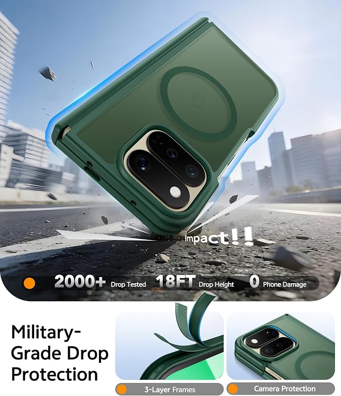 FNTCASE for Google Pixel 11 Pro Fold Case, Hinge Protection, Translucent | Fit for Magsafe, 18FT Military Grade Drop Proof, Protective Tough Phone Cover, Anti Slip, Matte, Green - Image 3