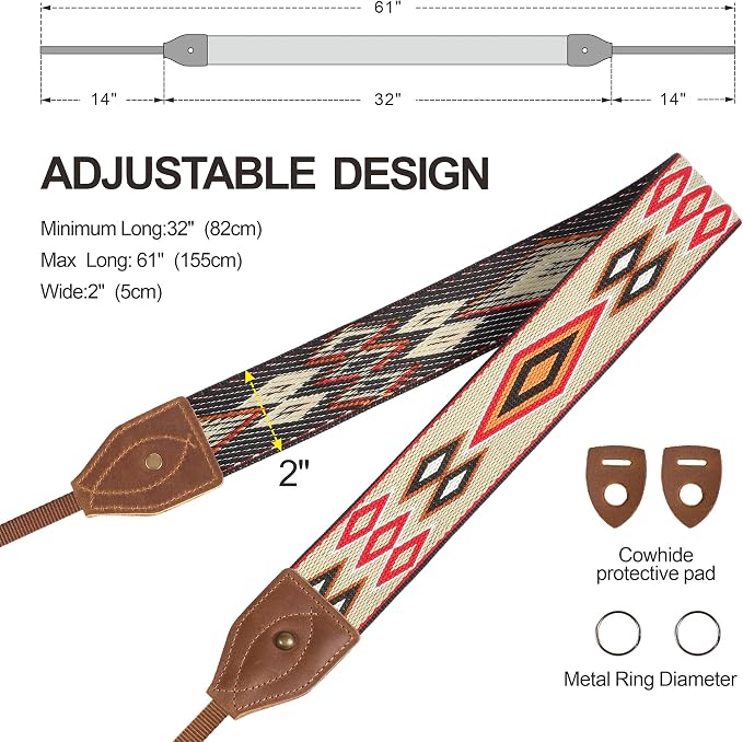 Padwa Lifestyle 2" Wide Classic Crazy Horse Art Cowhide Head Cotton Camera Straps for Photographers - Image 6