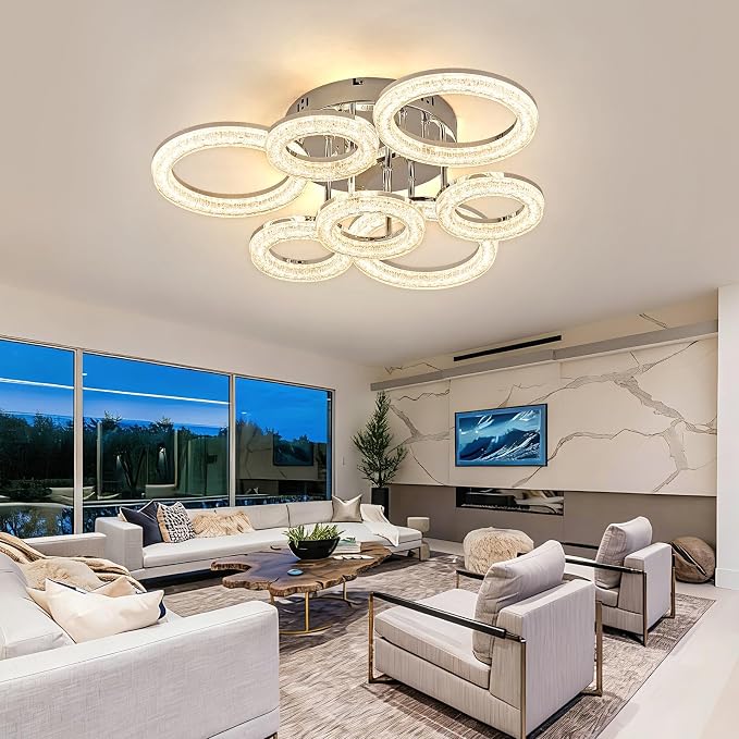 Modern Ceiling Light, 7 Rings 23'' Dimmable LED 106W Flush Mount Ceiling Lights with Remote Acrylic Crystal Round Ceiling Light Fixture, Bedroom Living Room Dining Room, Chrome - Image 8