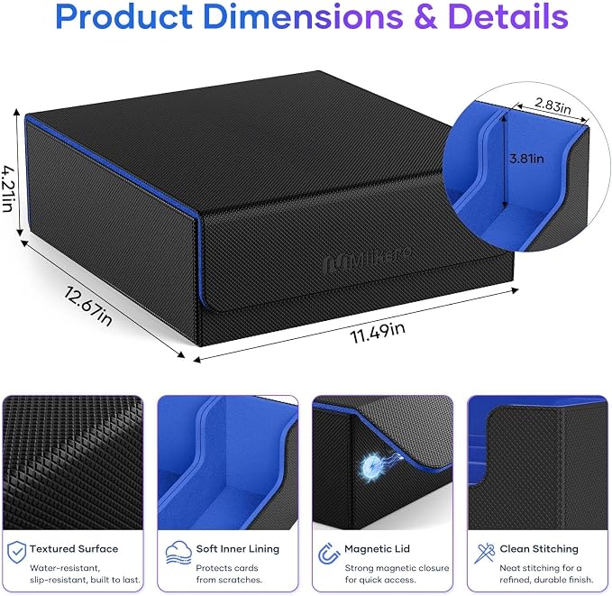 Mlikero Trading Card Storage Box, Bulk Card Storage for 2400+ Sleeved Cards, PU Leather Magnetic Closure Card Organizer with 10 Dividers & 4 Foam Stoppers, Fit for MTG, TCG and Sports Cards (Blue) - Image 6
