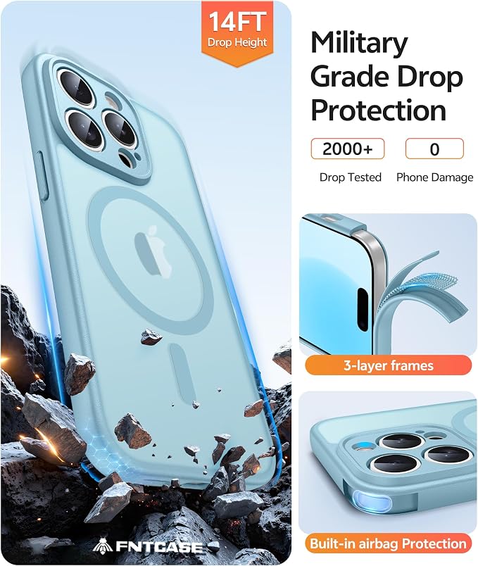 FNTCASE for iPhone 14 Pro Max Case, Fit for Magsafe, Glass Screen Protector | Full Camera Protection, Translucent Matte, 14FT Military Grade Drop Proof, Shockproof Protective Phone Cover, Teal - Image 5