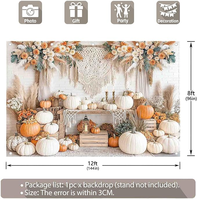 Fabric 12x8ft Autumn Boho Pumpkin Backdrop Fall Harvest Banner | Thanksgiving Day Floral Photography Background, Family Girl Women Party Decorations, Wedding Baby Shower Photo Props - Image 3