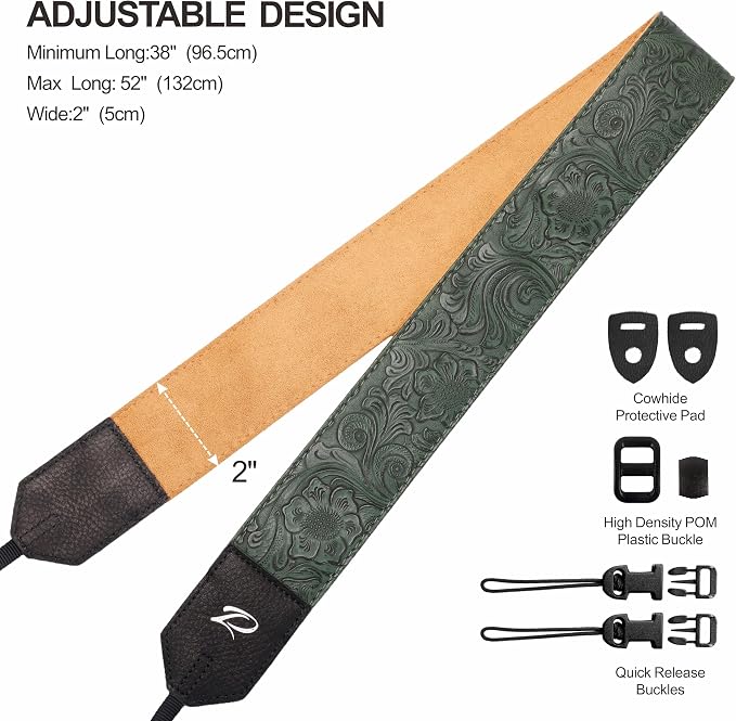 Padwa Lifestyle Camera Strap - 2" Green Faux Leather Carving Camera Straps with Full Grain Leather Ends for Photographers, Vintage Soft Suede Fabric Padded Strap Quick Release fits All Cameras - Image 6
