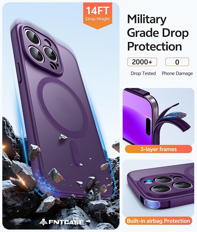 FNTCASE for iPhone 14 Pro Max Case, Fit for Magsafe, Glass Screen Protector | Full Camera Protection, Translucent Matte, 14FT Military Grade Drop Proof, Shockproof Protective Phone Cover, Purple - Image 5