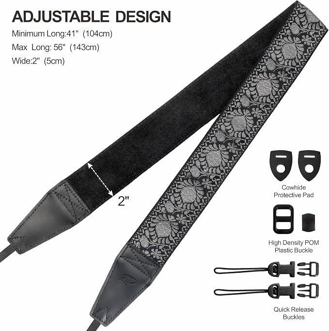 Padwa Lifestyle Camera Strap - 2" Full Grain Leather Ends Camera Straps for Photographers, Vintage Embroidered Cotton Weave Soft Suede Fabric Padded Strap Quick Release fits All Cameras - Image 6