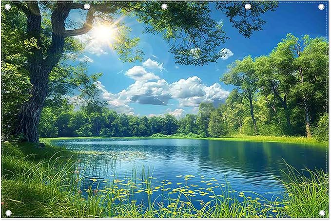 Fabric 12x8ft Lake Natural Scenery Backdrop River Camp Banner | Mountain Forest Tree Blue Sky Bokeh Photography Background, Picnic Hiking Party Decorations, Spring Outdoor Photo Props by ZTHMOEBACKDROP