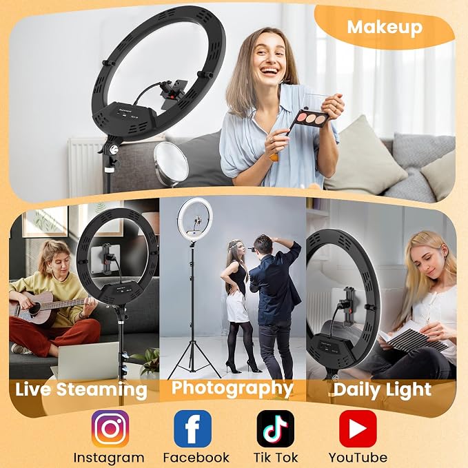 22" Ring Light with Stand: Lockable Wheels, LED Display & Foldable, | 75" Tripod Stand,3 Color modes 6500K / 2 USB Ports Large Ringlight , Video Recording Live Tattoo Makeup Barber Photography - Image 6