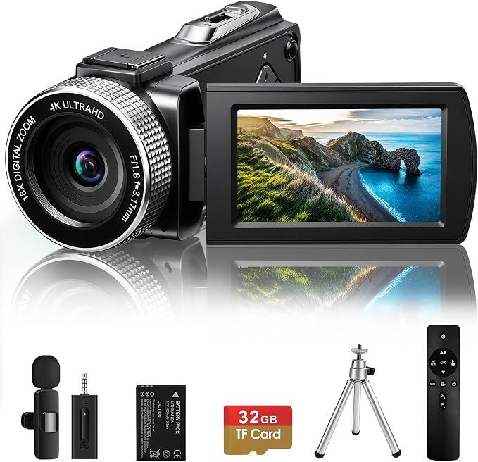 4K Ultra HD Camcorder, Video Camera with Auto/Manual/Fixed Focus, Wireless Lavalier Microphone, Tripod & Remote Control, 3 Inch Touchscreen Vlog Camera for YouTube, Travel & Family Recording by Rumyums