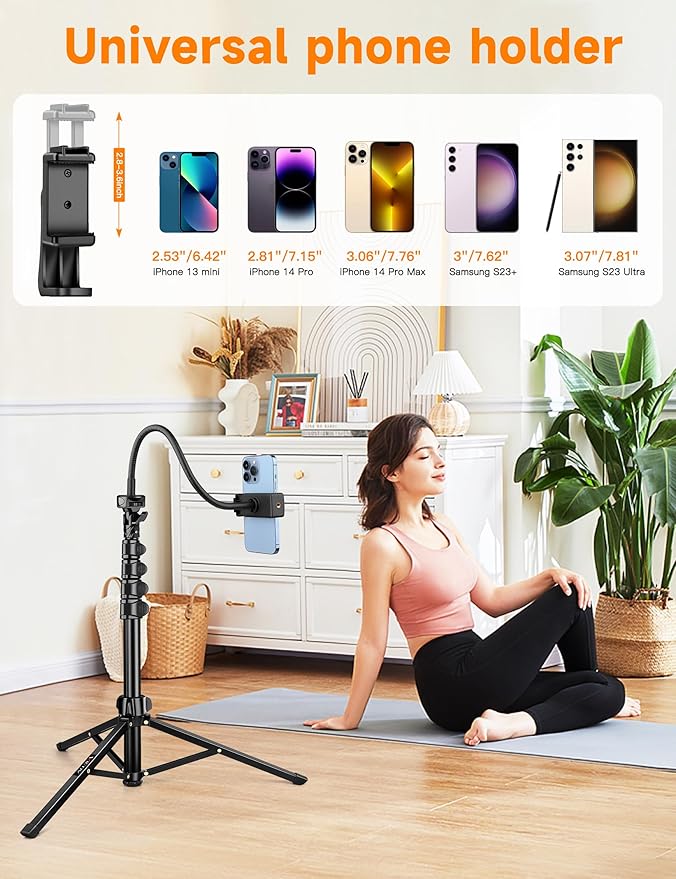 Phone Tripod, 86" Tall Tripod for iPhone with Flexible Gooseneck & Remote | Portable Aluminum Cellphone Stand for Selfies, Video Recording,Travel, Compatible with iPhone Android - Image 4