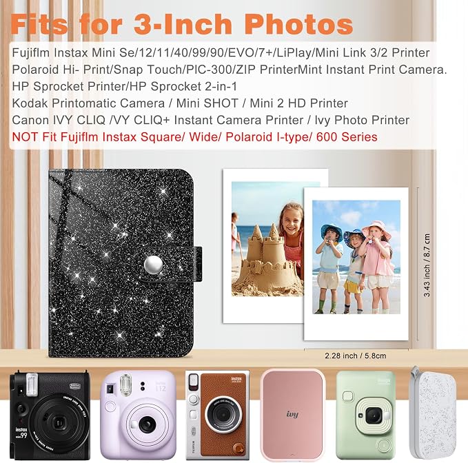 Fintie Mini Photos Album Book for 2x3 Inch Films - 52 Pockets Small Albums | For Fujifilm Instax Mini, Polaroid Hi-Print Pictures, Portable Kpop Photocard Holder, Travel Memory Book, Glittering Black - Image 2