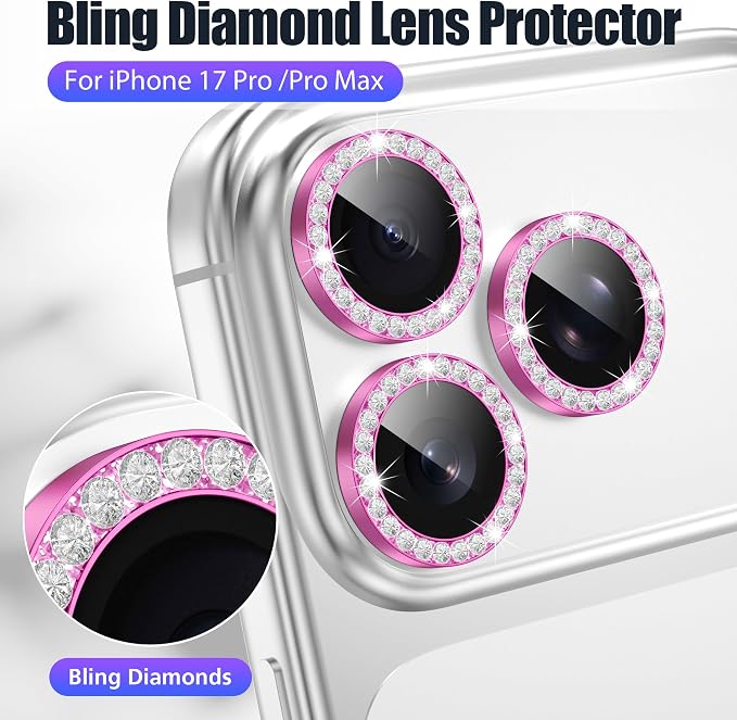 AGVEE 3+3 6 Pack for iPhone 17 Pro & Max Camera Lens Protector Cover | Individual Bling Diamond & Bling Glitter Sparkle Cute Gem Metal Ring, 9H Tempered HD Glass - Image 4