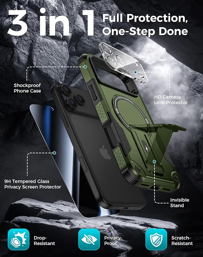 Goton 3 in 1 for iPhone 17 Pro Case with Privacy Screen Protector Green | Glass Camera Lens Protector,Compatible for MagSafe,Invisible Kickstand, Shockproof Phone Cover for iPhone 17Pro - Image 3