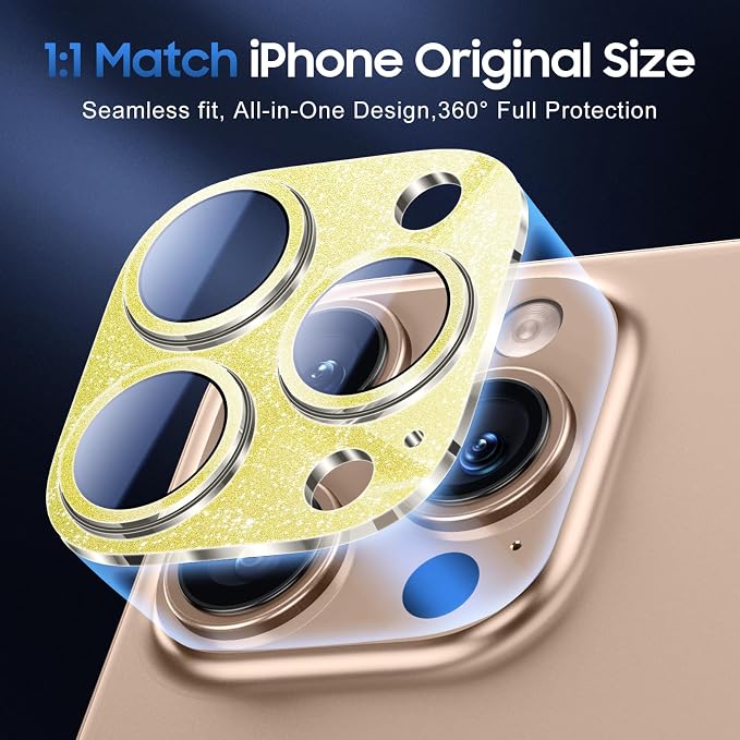 UniqueMe for Phone 16 Pro/16 Pro Max Camera Lens Protector - Glitter Gold | 3 Pack-Drop Protection,Case Friendly,9H Tempered Glass,Camera Cover Screen,Update New Version - Image 5