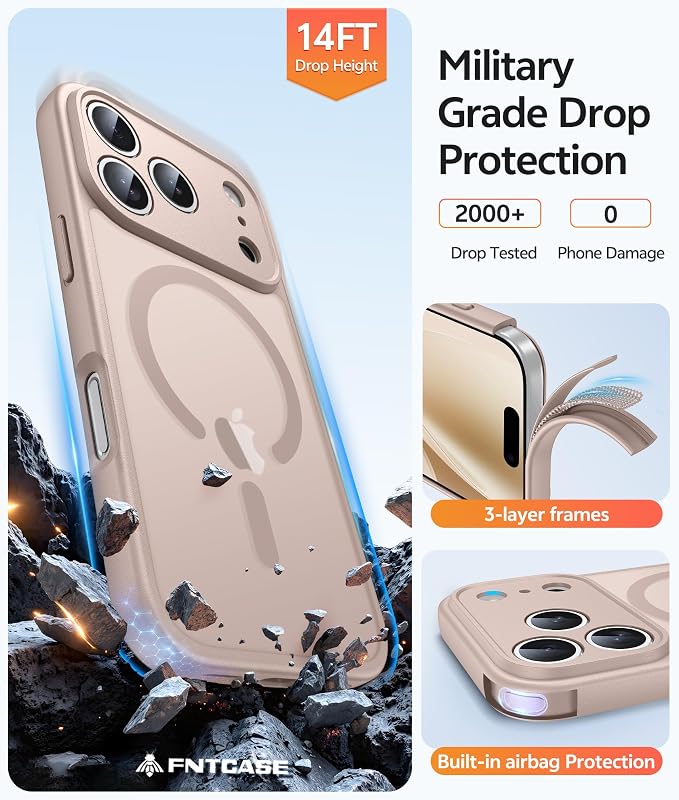 FNTCASE for iPhone 17 Pro Max Case, Fit for Magsafe, Screen Protector | Full Camera Protection, Translucent Matte, 14FT Military Grade Drop Proof, Shockproof Protective Phone Cover, Desert Gold - Image 5