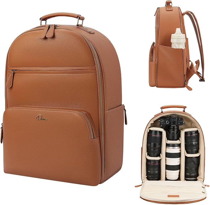 Camera Backpack Classic PU Leather for DSLR, Professional Camera Bag for Photographers with 15 Inch Laptop Compartment Large 20L by Divvia