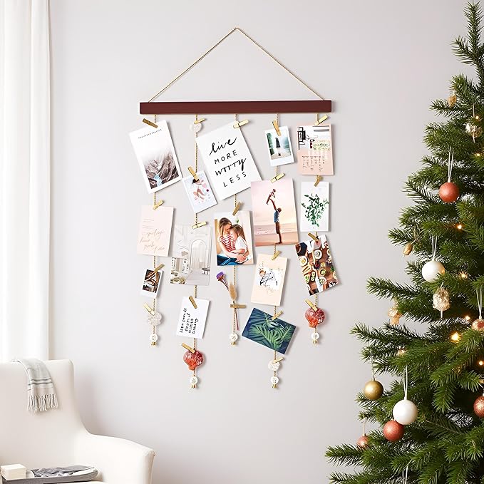 Mkono Hanging Photo Display, 25 Wood Clips Greeting Card Holder, 33"x16.5" | Picture Collage Hanger, Boho Rustic Wall Art, Christmas Holiday Gift, Teen Room Decor, Bedroom Dorm Office Nursery - Image 3