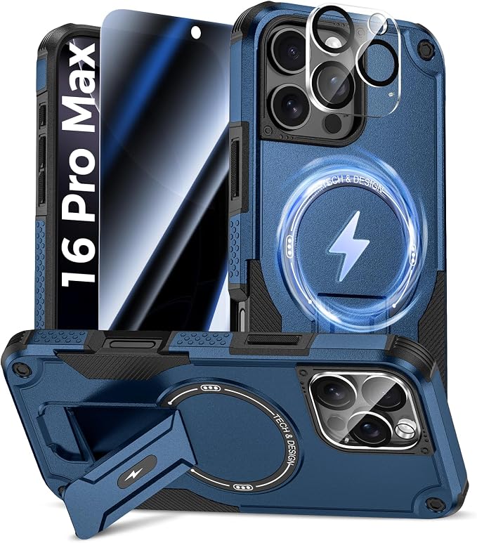 Goton 3 in 1 for iPhone 16 Pro Max Case with Privacy Screen Protector Blue | Glass Camera Lens Protector,Compatible for MagSafe,Invisible Kickstand, Shockproof Phone Cover for iPhone 16 Promax by Goton