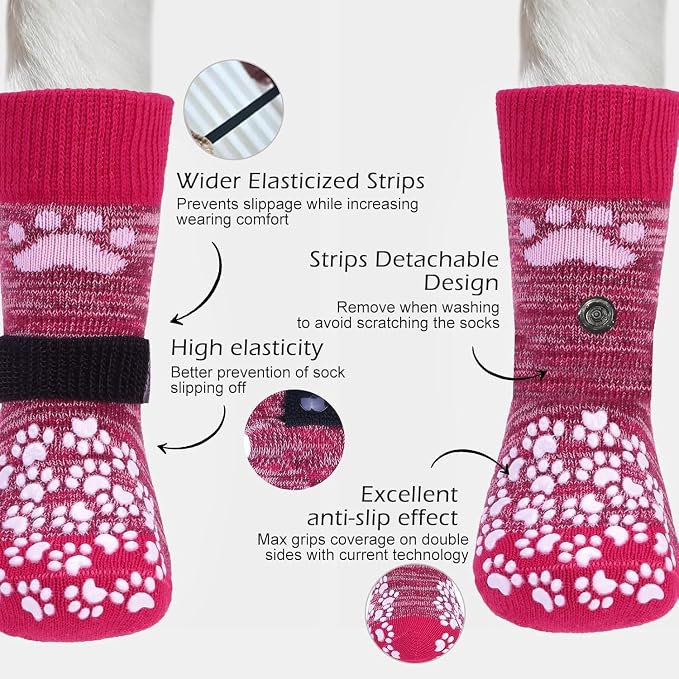 EXPAWLORER Anti Slip Dog Socks to Prevent Licking Paws, Dog Shoes for Hot Pavement, Dog Booties for Small Medium Large Senior Dogs, Traction Control Boots & Paw Protectors for Hardwood Floors Rose - Image 2