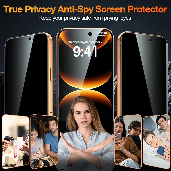 YMHML 3 Pack for iPhone 17 Pro Max Privacy Screen Protector Tempered Glass + 1 Set Camera Lens Protector, 25°Anti Spy, [Top 9H+ Military Grade Shatterproof] [Bubble Free, Auto-Dust Removal] - Image 2
