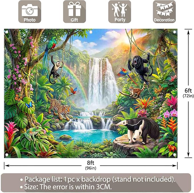 Fabric 8x6ft Rainforest Wild Animals Backdrop Jungle Safari Banner | Summer Tropical Scenery Waterfall Photography Background, School Event Party Decorations, Classroom Photo Props, Polyester - Image 3