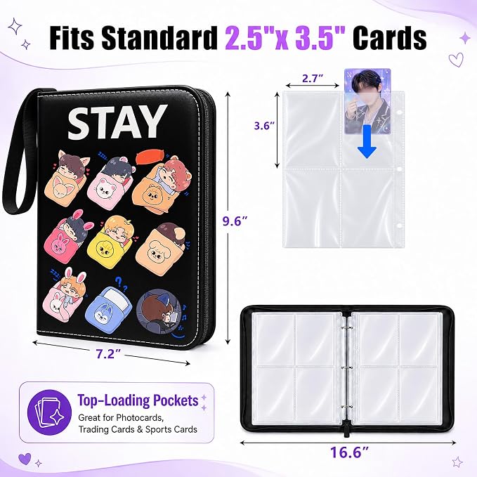 Kpop Photocard Binder, 400-Pocket STAY Cute Trading Card Album with 50 Double-Sided 4-Pocket PP Pages, Zipper PU Leather Card Holder for Photo Cards, Lomo Cards & Collectibles (Dark, 4 Pockets) - Image 5
