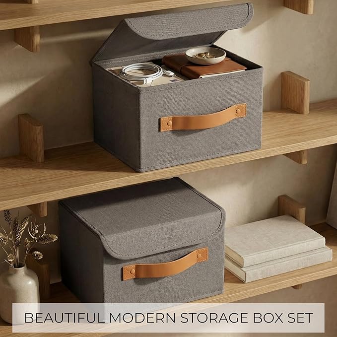 Decorative Linen Storage Boxes with Lids - Spacious Set of 2 Organizer Bins | The Perfect Small Container for Home Decor - Safely Store Photos, Documents and Memory Box Keepsakes in Style - Image 4