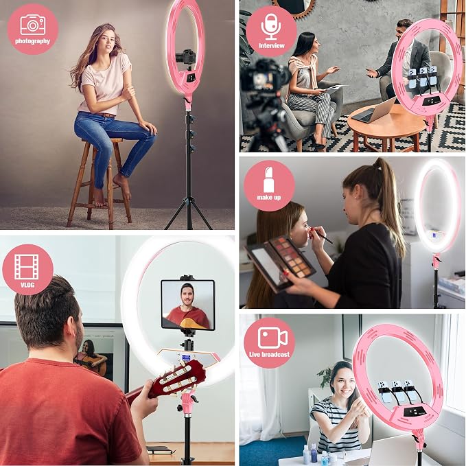 MACTREM Pink 22" Ring Light for iPad iPhone with 75" Tripod Stand Barber | LCDisplay,2 Usb Ports, Fits Ipad/Tablet 12.9", 2600k-6500k Color Temperature,for Barber/Tattoo Tiktok Video Recording Vlog - Image 4