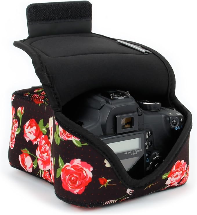 USA Gear Camera Sleeve (Medium) for Compact SLRs Compatible with Canon EOS R100 Nikon Z30 Sony ZV-E10, and more - Padded Neoprene DSLR Case with Zipper Accessory Pocket & Belt Loop (Floral) by USAGEAR