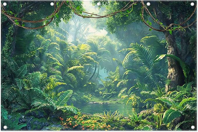 Fabric 12x8ft Jungle Forest Photography Backdrop Rainforest Banner | Tropical Natural Scenery River Background, Summer Adventure Party Decorations, Kids Adult Photo Props, Polyester, Grommets by ZTHMOEBACKDROP