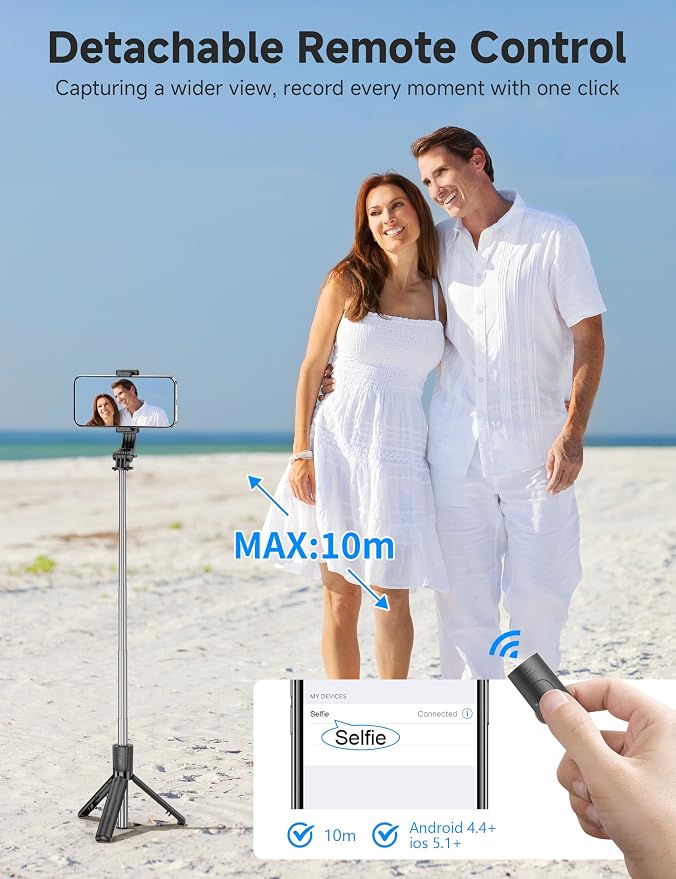 Portable Selfie Stick, 4 in 1 Extendable Phone Tripod Stand with Detachable Wireless Remote & Phone Holder 360° Rotating Mini Travel Tripod Compatible with iPhone 16/15/14/13 Pro/Android/Gopro - Image 3
