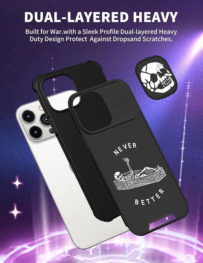 (2in1 for iPhone 13 Pro Max Case Skull Skeleton for Women Cute Goth Phone Cover Fun Horror Design with Slide Camera Cover Protective Never Better Spooky Cool Cases for Apple 13 Pro Max 6.7'' - Image 5
