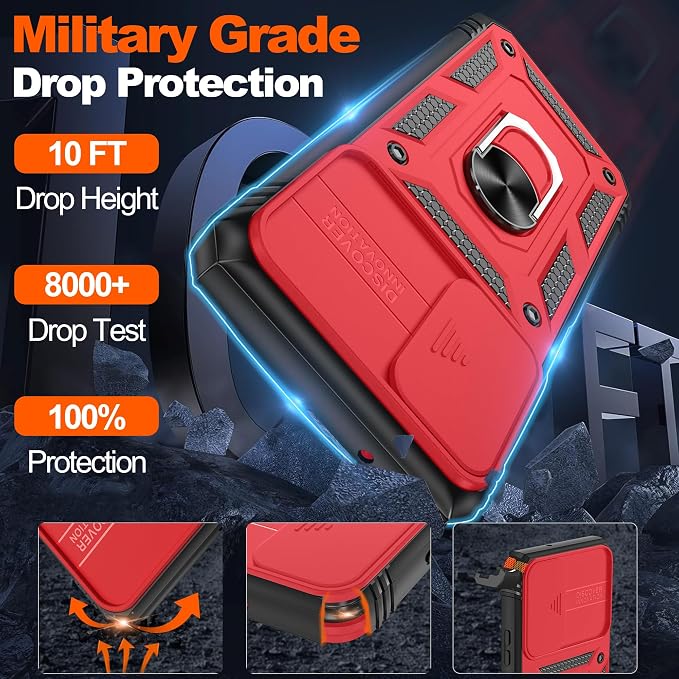 Gritup for Samsung Galaxy S21 FE 5G Case with 2PCS Screen Protector, Build in 360° Rotating Ring Kickstand, Military Grade Protective Case for S21 FE Phone, Red - Image 3