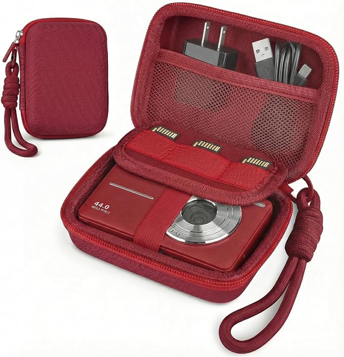 Digital Camera Case for CAMKORY/KODAK PIXPRO FZ45/FZ55/Canon IXUS 285 HS/AbergBest/Sony DSCW800/DSCW830 - Small Travel Compact Camera Holder with Mesh Pocket for SD Card & Accessories (Wine Red) by Roseliya