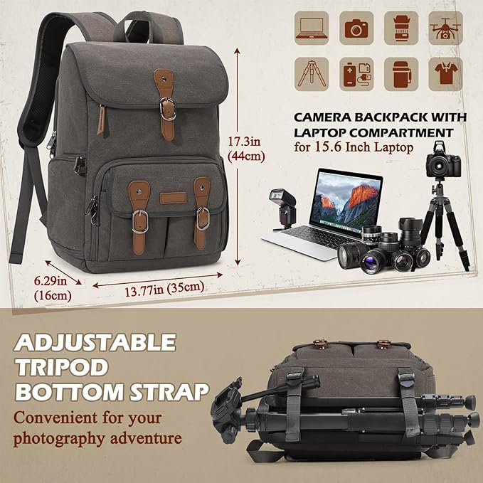 RAINSMORE Camera Backpack, DSLR SLR Mirrorless Camera Bag for Photographer | 15.6 Inch Vintage Canvas Camera Case with Laptop Compartment & Tripod Holder & Rain Cover for Sony Canon Nikon Fujifilm Grey - Image 7