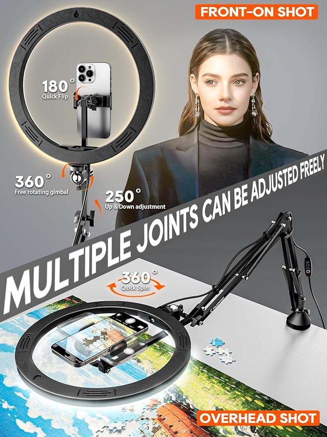 Upgrade Ring Light Overhead Phone Mount, 12”Circle LED Desk Ring Light with Clamp for Video Recording,Flexible Articulating Phone Arm Stand Compatible with iPhone,Live Streaming YouTube Tiktok - Image 3