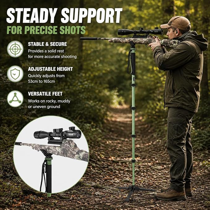 Hunting Monopod Shooting Tripod Stick Gun Rifle Rest | Tiltable and Horizontally Rotatable Tri-Stand Tripod Base, 21"-65" Height Adjustment, Matt Aluminum Construction - Image 6