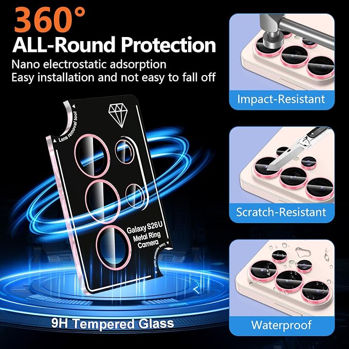 for Samsung Galaxy S26 Ultra Camera Lens Protector, Individual Metal Ring Tempered Glass Lens Cover, [Strong Adsorption] Scratch Resistant Ultra-Thin HD Clear Lens Cover, 1 Set-Pink Shine - Image 4