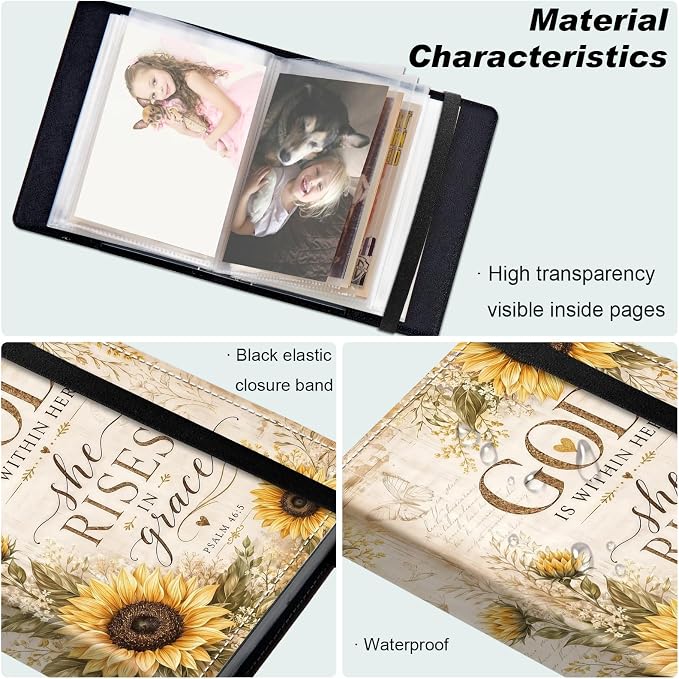 Small Photo Album 5x7, 60 Pockets Holds 120 Photos, Slip-in Pocket Photo Storage Book with Black Elastic Band for Family Wedding Baby Travel Pictures, Vintage Paper Sunflower Christian - Image 5