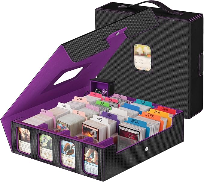 4-Row Trading Card Storage Box, Holds 3200+ Cards [US Patent], Black&Purple | Large Capacity, Portable Handle & Display Windows, Compatible with MTG, Commander, Sports Cards and Other Standard TCG Cards by Gomyrod