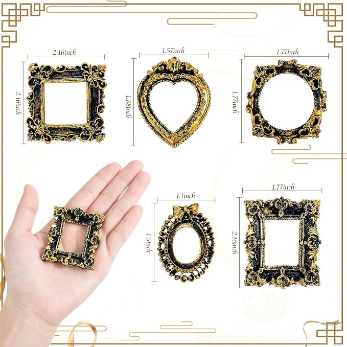 Vicenpal 40 Pcs Black Gold Mini Vintage Picture Frames Bulk | Small Vintage Photo Frames, Antique, Resin, Baroque, Ornate, Cute Wallet Size, for DIY Jewelry Gifts Christmas Wedding Decor - Image 3