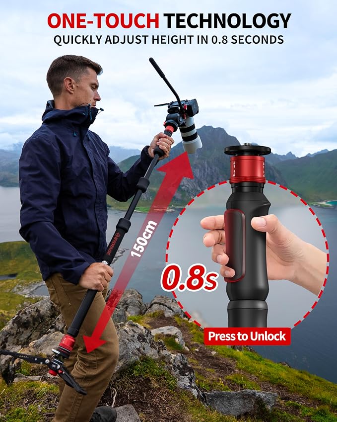 IFOOTAGE Cobra 3 Strike Monopod A150S Camera Stand with Pedal | One-Touch Lifting Aluminum Quick Video Monopod for Animal Sports Event Wedding Live Show Shooting, Payload 11lb, 60"/150cm - Image 2