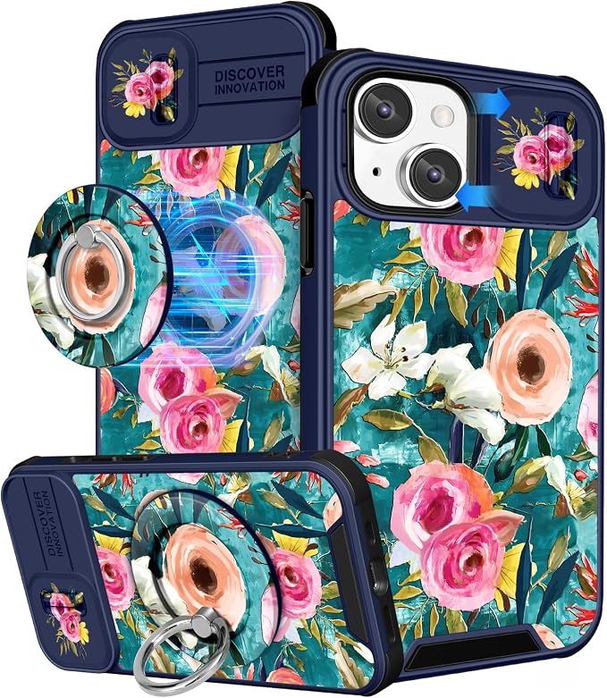Buleens for iPhone 15 Plus Case 6.7 Inch - with Ring Stand & Camera Cover Aesthetic Cute Designed for Women Girls Girly Pretty Lake Blue Flowers for iPhone 15 Plus Phone Case Compatible with Magsafe by Buleens