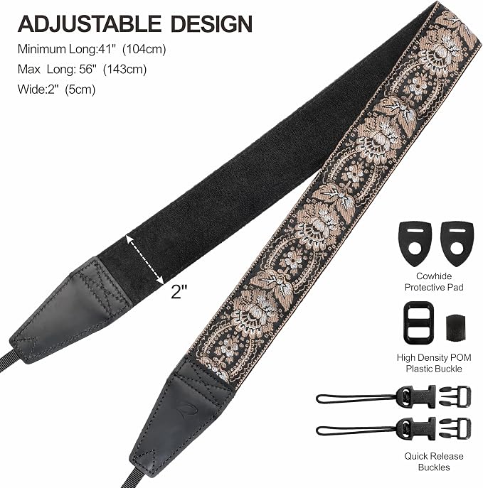 Padwa Lifestyle Camera Strap - 2" Full Grain Leather Ends Camera Straps for Photographers, Vintage Embroidered Cotton Weave Soft Suede Fabric Padded Strap Quick Release fits All Cameras - Image 6