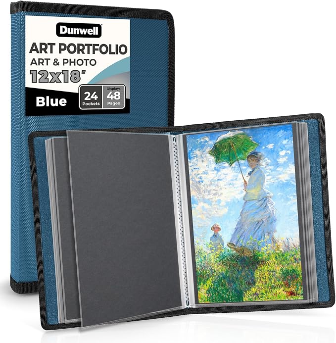 Dunwell 12x18 Art Portfolio Binder, 24-Sleeve, Black Mounting Paper, Blue | 24 Clear Sleeves, Displays 48 Pages, Black Mounting Paper Included, Artwork Storage, Acid-Free Poly Protection by Dunwell