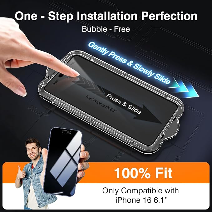 EZ-GLAZ-4+2 Pack for iPhone 16 Privacy Screen Protector (6.1") | 2-Pack Lens Protectors, Alignment Kit, Easy Installation, 9H+ Tempered Glass, Scratch Resistant, 28° Privacy Protection - Image 2