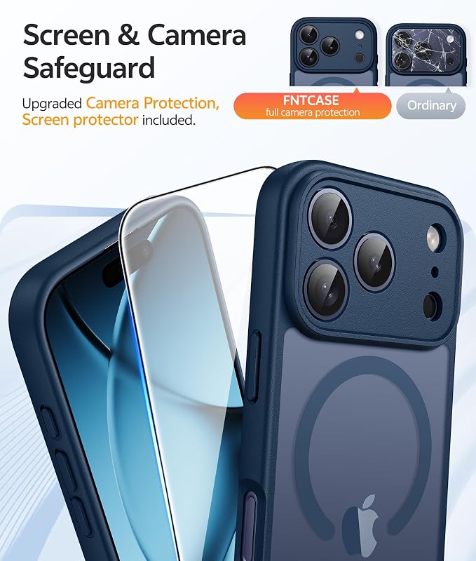 FNTCASE for iPhone 17 Pro Case, Fit for Magsafe, Screen Protector, Blue | Full Camera Protection, Translucent Matte, 14FT Military Grade Drop Proof, Shockproof Protective Phone Cover - Image 4