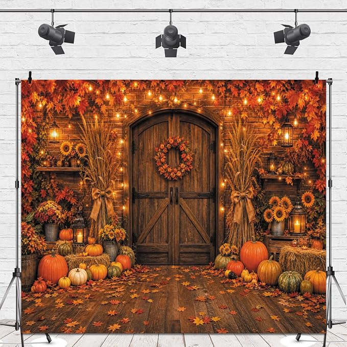 10x8ft Fall Thanksgiving Photo Backdrop Rustic Barn Wooden Door Backdrop | Autumn Brick Wall Maple Leaf String Light Photography Background Pumpkin Sunflower Haystack Harvest Party Decorations Banner - Image 4
