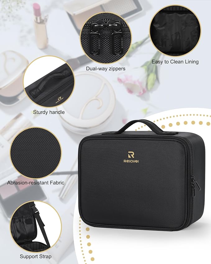 Relavel Makeup Bag Large Cosmetic Bag Travel Train Case Toiletry Bag for Women with Adjustable Dividers, Travel Essentials Organizer Case Storage Box for Skincare, Brushes, Black - Image 6