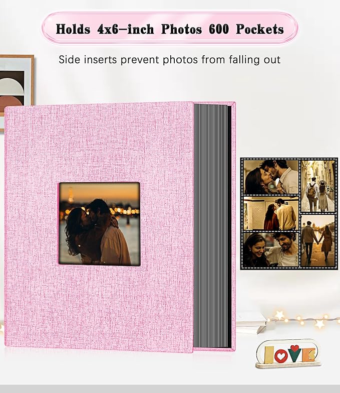 Ejblfe Photo Album 4x6,Linen Cover Slide-in Photo Album Book Can Holds 600 4x6 Photos with 60 Black Sheets for Family,Wedding,Baby and Holiday Pictures (Pink) - Image 3