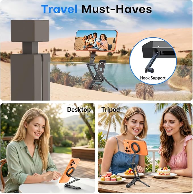 OMOTON TP06-E [3-Adjust] Sturdy Compact Magnetic Phone Tripod for iPhone 17 | Mini Phone Stand for MagSafe, Two 1/4" Screw& Arca, Fold Hook, Fits Vlog, Creators, Live, Women Men Gift, Travel Essentials - Image 3